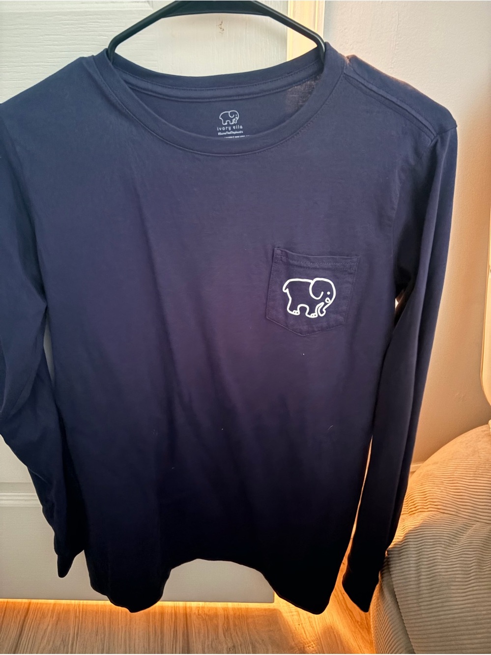 Ivory Ella girl’s Navy Long-Sleeve Pocket Tee with Elephant Logo - new size S